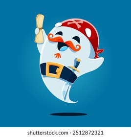 Cartoon funny ghost pirate sailor character with treasure map. Vector playful spook in red bandana with red mustache, holding a scroll with a cheerful facial expression and sword tucked in its belt