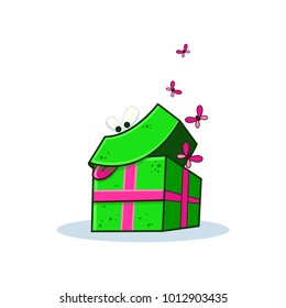 Cartoon funny gift box on white background. Vector image to create original web games or graphic design