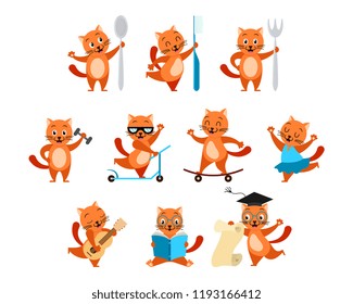 Cartoon funny ginger cats activity set. Kitty with spoon, fork, toothbrush. Sports kittens: with dumbbells, on  skateboard, on scooter. Cat  dancing, musician, reading and with scroll