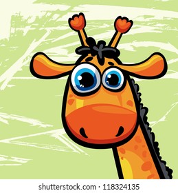 Cartoon funny giraffe with big blue eyes on a green background