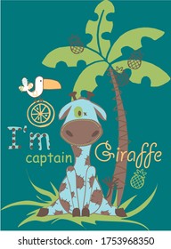 Cartoon funny giraffe I'm captain vector character illustration