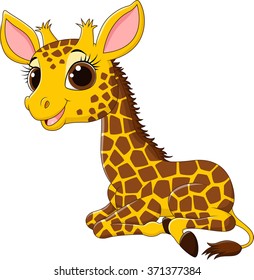 Cartoon funny giraffe sitting isolated on white background
