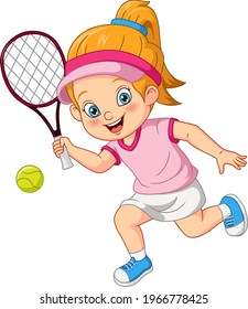 Cartoon funny girl playing tennis