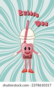 Caricatura divertida con té de burbuja. Postal, volante, invitación, afiche.