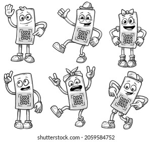 Cartoon funny glasses characters with water and cheerful emotions. QR code for scanning. Boy and girl, Intelligent and rocker. Vector icons sketch set on white background.