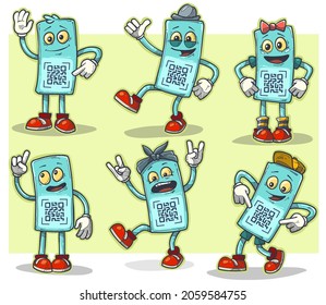 Cartoon funny glasses characters with water and cheerful emotions. QR code for scanning. Boy and girl, Intelligent and rocker. Vector icons set on yellow background.