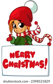 Cartoon funny gnome elf Santa helper holding a blank paper board for Christmas or New Year greetings. Christmas illustration. Vector isolated.
