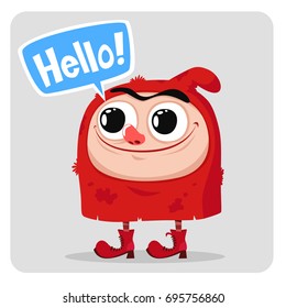 Cartoon funny gnome in red hood. Hello! Vector illustration