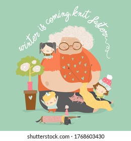Cartoon funny grandmother knit for her grandchildren and pets