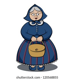 Cartoon Funny Granny holding bag in both hands. Vector character illustration.