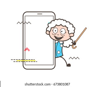 Cartoon Funny Granny with Smartphone Vector Illustration