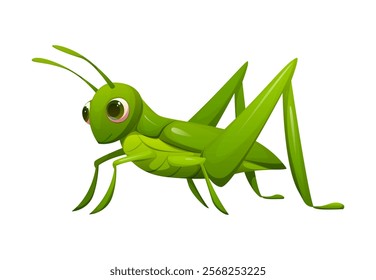 Cartoon funny grasshopper insect character. Isolated vector playful pest personage featuring bright green color and an amusing expression. Funny fauna creature with big expressive eyes and antennas