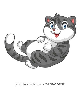 Cartoon funny gray cat on white background