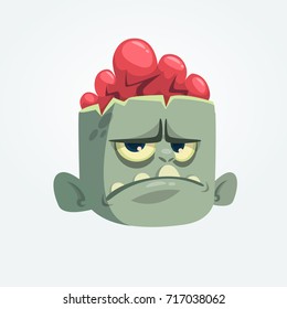 Cartoon funny gray zombie head with upset emotion. Vector illustration for Halloween
