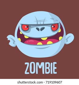 Cartoon funny gray zombie head. Vector illustration. Design for logo, emblem, print or party invitation for Halloween