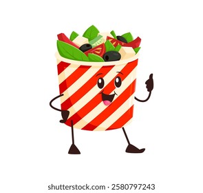 Cartoon funny Greek salad bowl fast food character. Isolated vector happy, lively and cheerful takeaway meal personage with striped box, vibrant greens, olives and a smiling face, exuding freshness