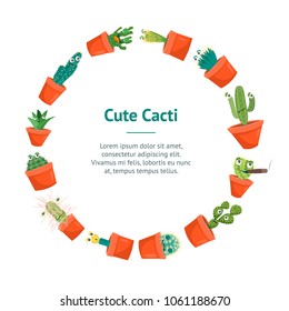Cartoon Funny Green Cactus Plants in Pots Characters Banner Card Circle for Home, Shop or Office Element Flat Design Style. Vector illustration