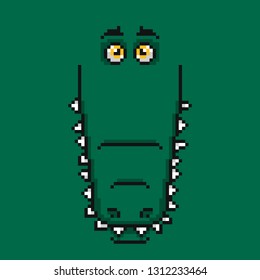 Cartoon funny green crocodile face in pixel design.