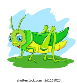 Cartoon funny green grasshopper.