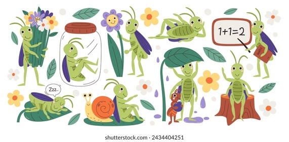 Cartoon funny green grasshopper characters playing with friends, studying, sleeping, hiding under plant leaf, trapped in glass bottle set vector illustration. Adorable cheerful insect adventure