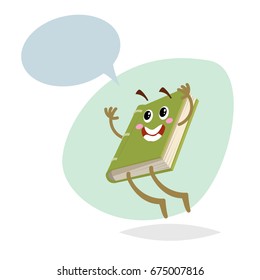 Cartoon funny green jumping book mascot on round background. Dummy speech bubble. Wide smile character. Education and school vector illustration icon.