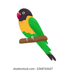 Cartoon funny green love bird sitting on a branch. Flat little colorful exotic parrot. Vector illustration on white background. Good for T-shirts, posters, book covers, banners - Shutterstock ID 2368763627