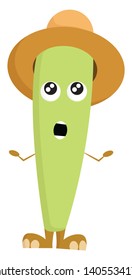 Cartoon funny green monster in a brown summer hat has two eyes rolled up, hands wide opened, surprisingly looks while standing in barefoot, vector, color drawing or illustration. 