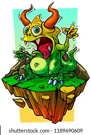 Cartoon funny green monster with horns on stone rock
