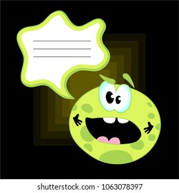 Cartoon funny green monster, microbe, alien, bacteria with clear badge. Vector illustration