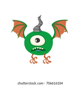 Cartoon Funny Green Monster With One Eye And Wings