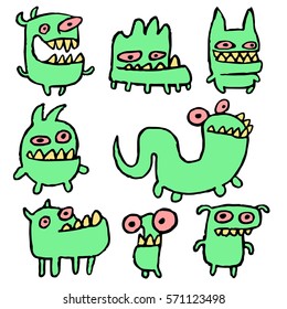Cartoon Funny Green Monsters in Different Shapes Vector Illustration. Contour Freehand Digital Drawing Cute Pet. White Color Background. Cheerful Collection Creatures for Web Icons and Shirt. 