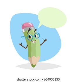 Cartoon funny green pencil nerd character in goggles. Education mascot in glasses for kids with dummy speech bubble. Vector illustration isolated on white background.