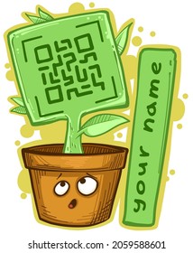 Cartoon funny green plant with QR code in pot with eyes and tablet sign for your name. Vector icon on white background.