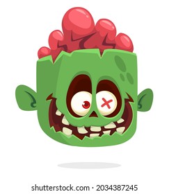 Cartoon funny green zombie character design with scary face expression. Halloween vector illustration isolated on white.Party poster or invitation card