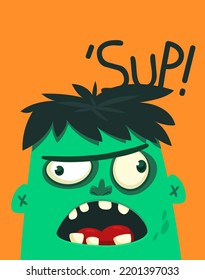 Cartoon funny green zombie character design with scary face expression. Halloween vector illustration isolated on white. Party poster,package design or holiday decoration