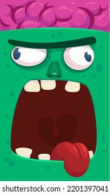 Cartoon funny green zombie character design with scary face expression. Halloween vector illustration isolated on white. Party poster,package design or holiday decoration
