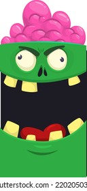 Cartoon funny green zombie character design with scary face expression. Halloween vector illustration isolated on white. Party poster,package design or holiday decoration
