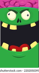 Cartoon funny green zombie character design with scary face expression. Halloween vector illustration isolated on white. Party poster,package design or holiday decoration