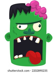 Cartoon funny green zombie character design with scary face expression. Halloween vector illustration isolated on white.Party poster or invitation card