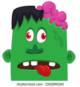 Cartoon funny green zombie character design with scary face expression. Halloween vector illustration isolated on white.Party poster or invitation card