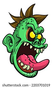 Cartoon funny green zombie character design with scary face expression. Halloween vector illustration isolated on white. Party poster,package design or holiday decoration