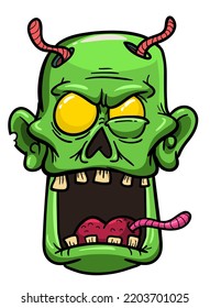 Cartoon funny green zombie character design with scary face expression. Halloween vector illustration isolated on white. Party poster,package design or holiday decoration
