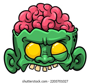 Cartoon funny green zombie character design with scary face expression. Halloween vector illustration isolated on white. Party poster design, holiday decorationor mask