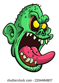 Cartoon funny green zombie character design with scary face expression. Halloween vector illustration isolated on white. Party poster,package design or holiday decoration