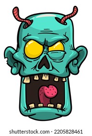 Cartoon funny green zombie character design with scary face expression. Halloween vector illustration isolated on white. Party poster,package design or holiday decoration