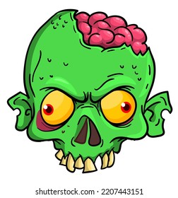 Cartoon funny green zombie character design with scary face expression. Halloween vector illustration isolated on white. Party poster design, holiday decorationor mask