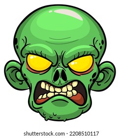 Cartoon funny green zombie character design with scary face expression. Halloween vector illustration isolated on white. Party poster,package design or holiday decoration