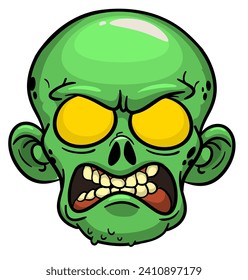 Cartoon funny green zombie character design with scary face expression. Halloween illustration