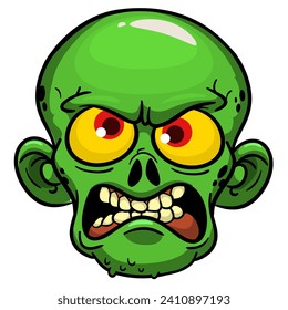 Cartoon funny green zombie character design with scary face expression. Halloween illustration