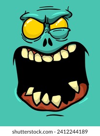 Cartoon funny green zombie character design with scary face expression. Halloween illustration